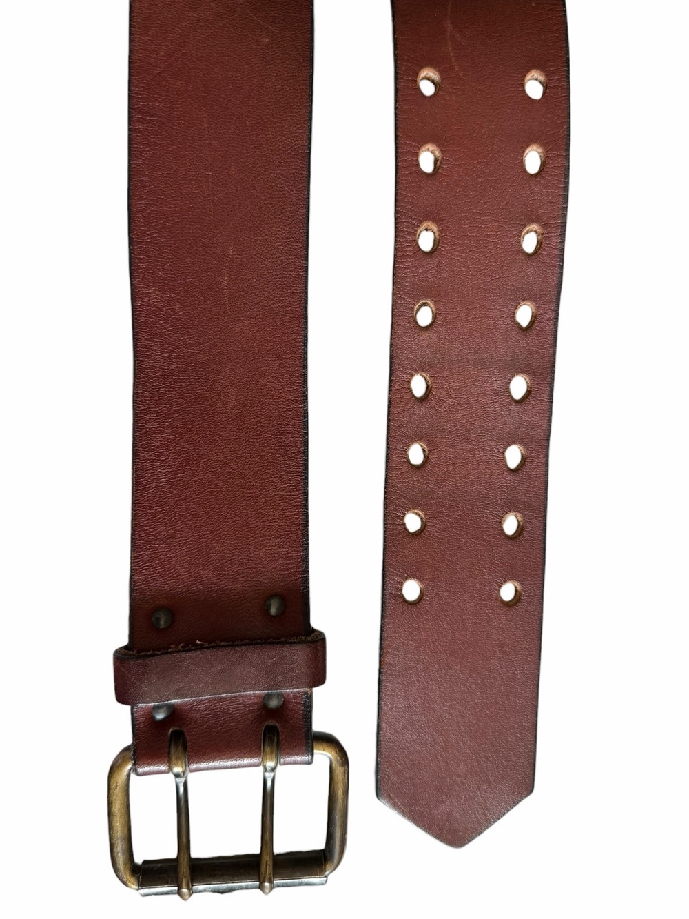 Vintage Brown Wide Leather Belt Brass Double Prong Buckle - Picture 3 of 6